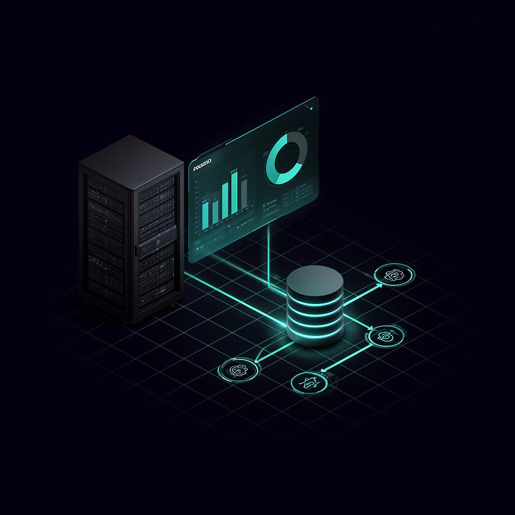 Isometric dark tech illustration of an enterprise AI dashboard, server rack, and vector database connected by glowing teal workflow nodes