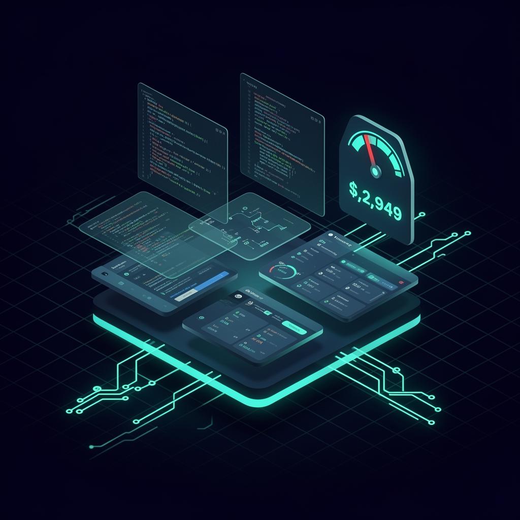 Isometric dark tech illustration of layered custom software modules, dashboards and a cost meter connected by glowing teal circuit lines