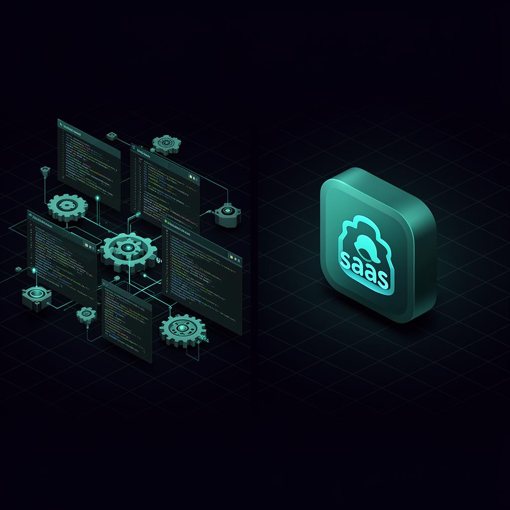 Isometric dark tech illustration contrasting a modular custom-built software platform with a generic boxed SaaS application
