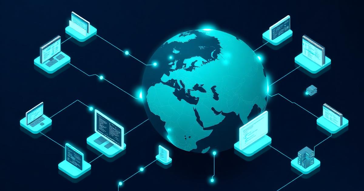 Isometric dark tech illustration of a globe over Europe connected by glowing teal circuit lines to distributed engineering teams, dashboards and code panels