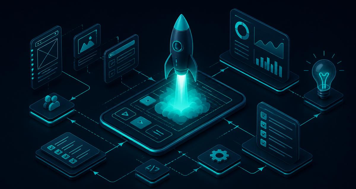 Isometric dark tech illustration of a teal rocket launching from an app screen surrounded by wireframe cards, analytics dashboard, checklist and workflow arrows on a deep navy Orcas Group brand background