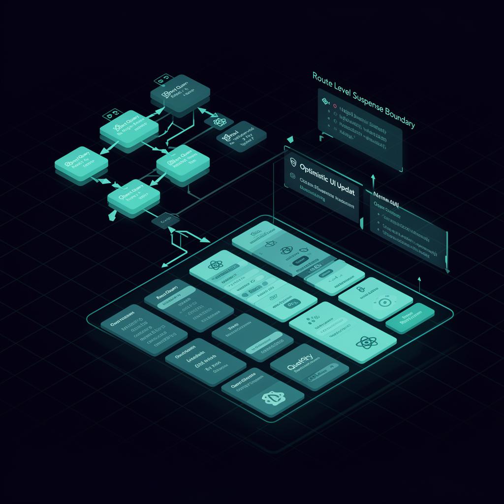 Isometric illustration of a React Query architecture with structured query key nodes, optimistic update arrows, and a route-level Suspense boundary on a dark tech background