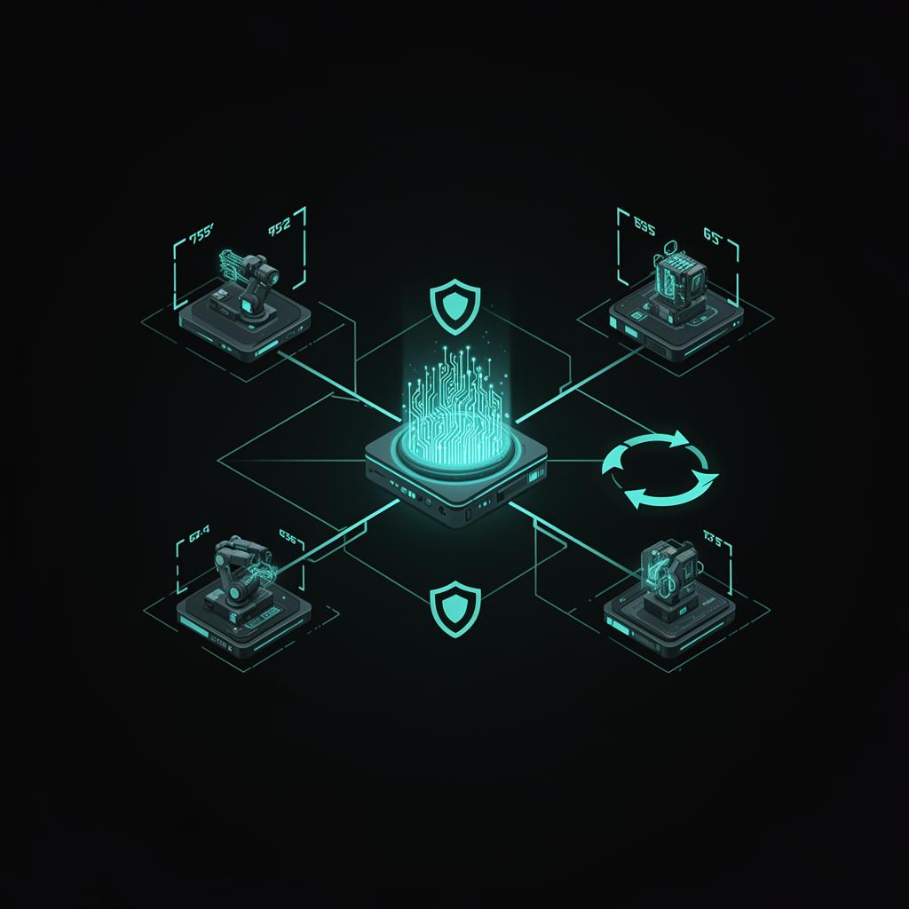 Isometric illustration of a production AI agent architecture with tool nodes, guardrail shields, and an evaluation feedback loop on a dark tech background