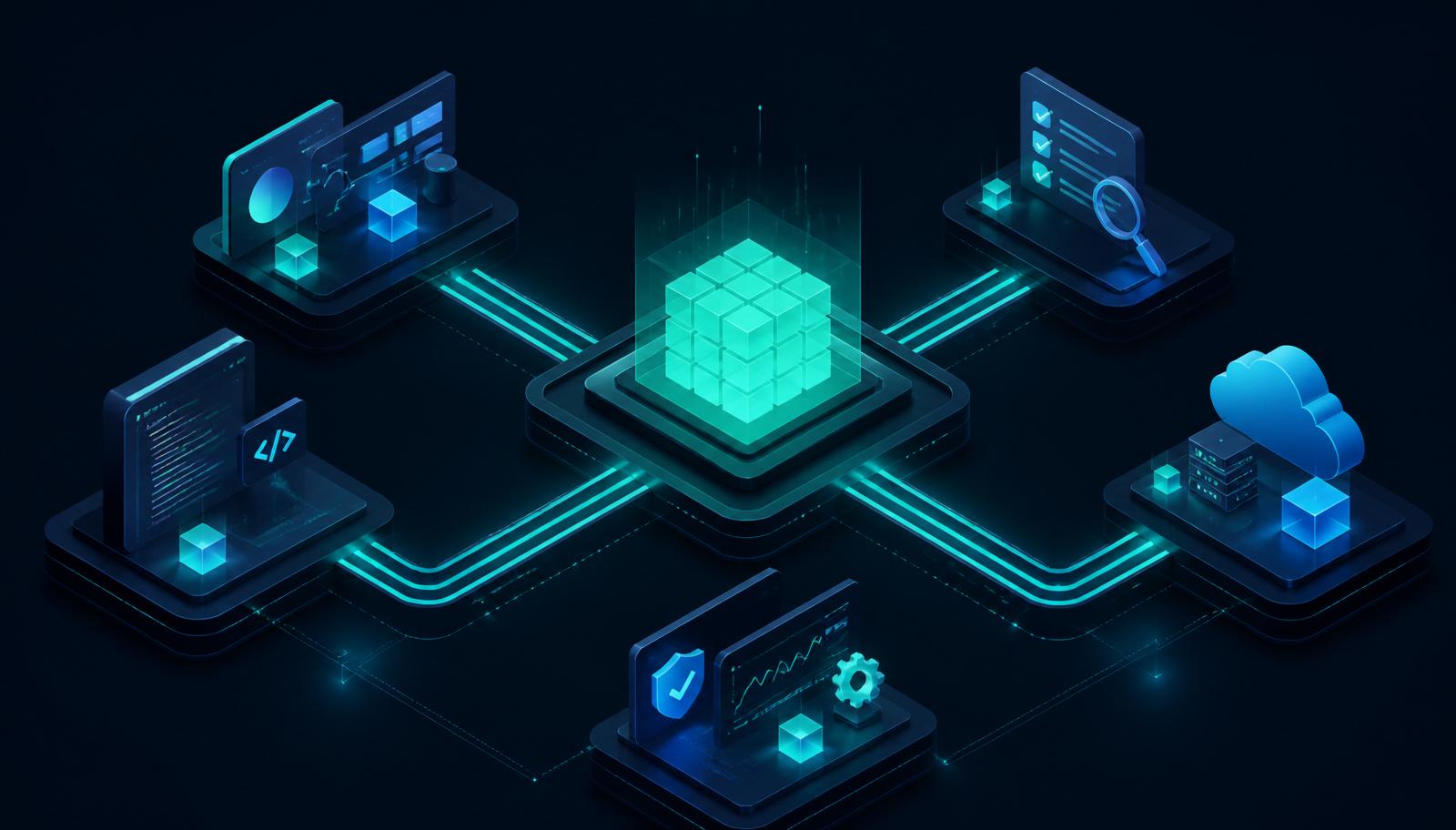 Isometric dark tech illustration of a world map with glowing teal circuit lines connecting engineering hubs across Serbia, Poland, the US and Latin America, with floating vendor comparison cards and security certification badges