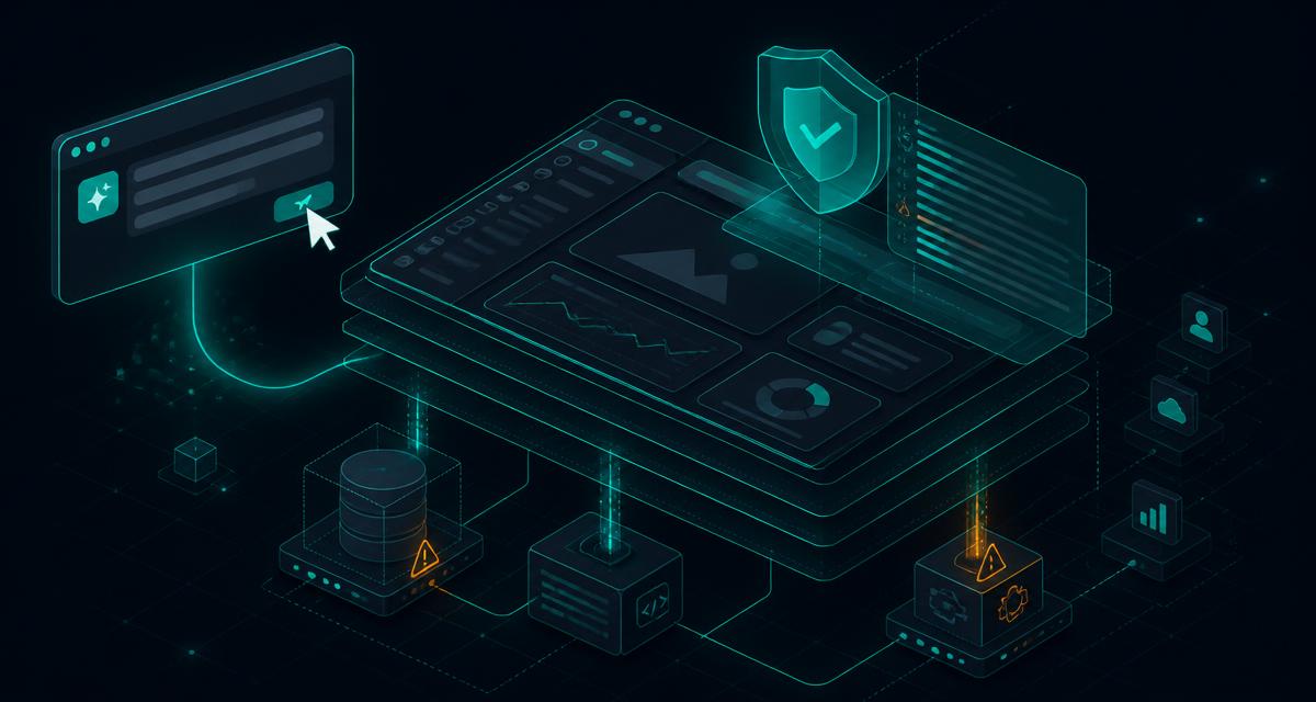 Isometric dark tech illustration of a natural-language prompt window generating an app interface, with a teal security shield and code-review layer above the stack and amber warning markers on exposed database and API nodes, on a deep navy Orcas Group brand background