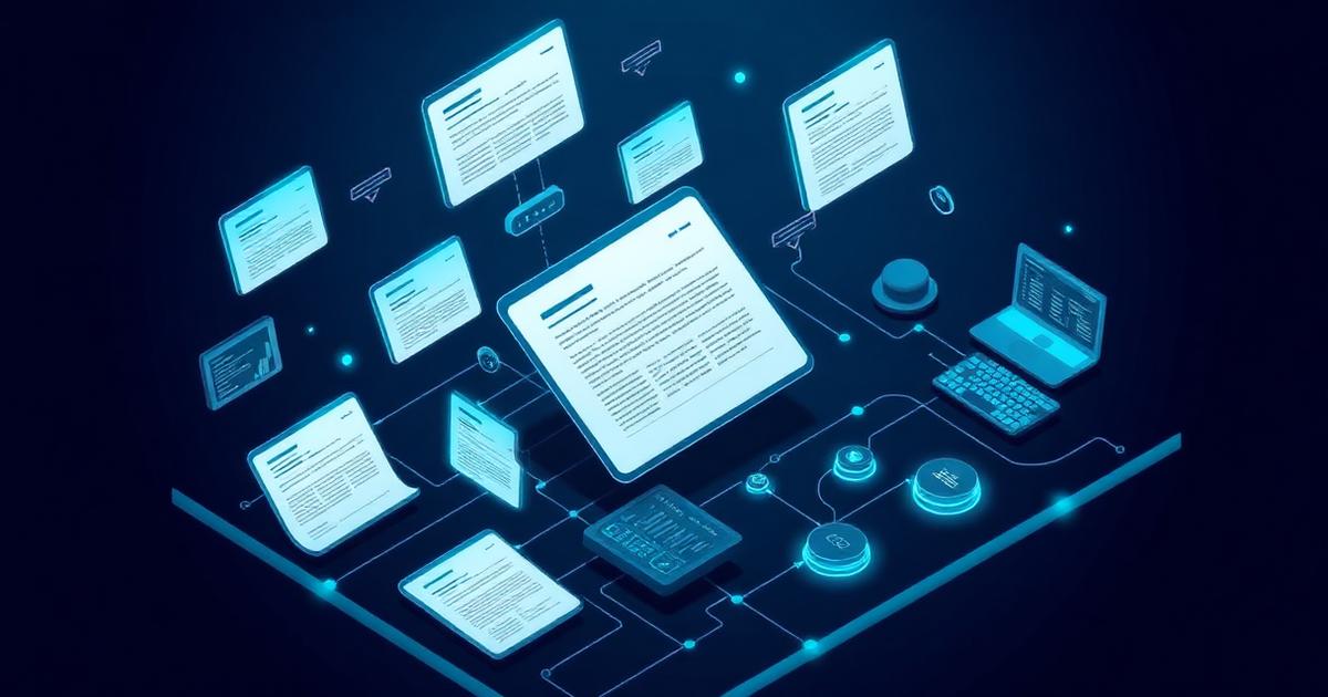 Isometric dark tech illustration of a digital publishing platform with article cards and code snippets
