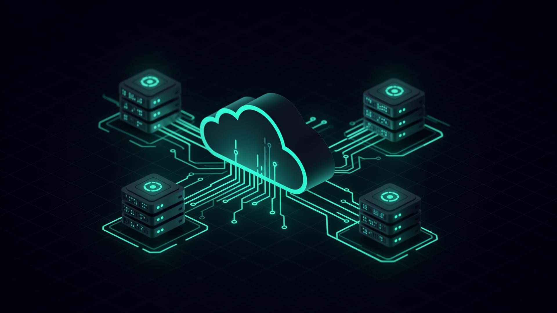 Isometric illustration of cloud infrastructure connected to server nodes, representing IT consulting outsourcing